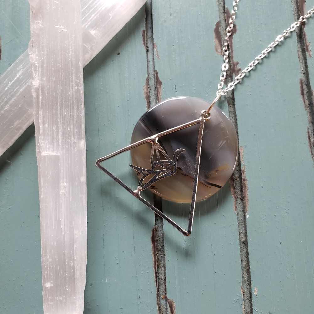 Antique Botswana Agate x Silver Japanese Origami Crane Charm Pendant Necklace